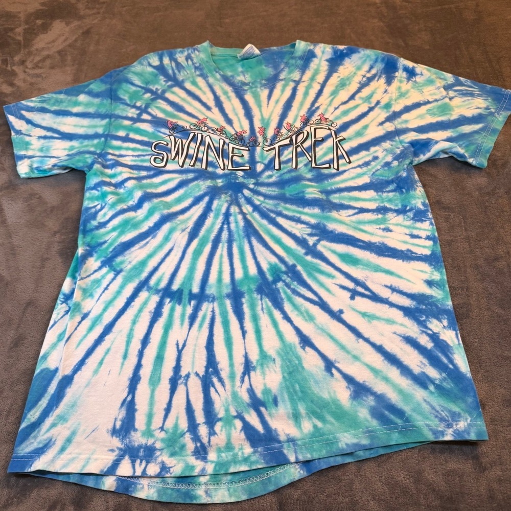 Hanes Swine Trek Graphic T Shirt Adult Large Blue Tie Dye Hawkeye Bicycle Iowa